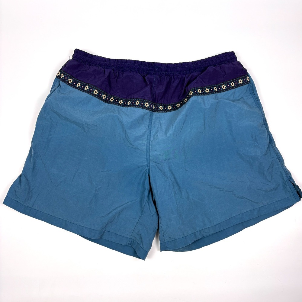VTG Surf Odyssey Swim Trunks Mens Sz L Navy Teal Lined Tribal Aztec Trim Color